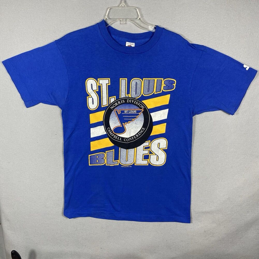 Vintage 90s St Louis Blues NHL Hockey Big Logo T Shirt Size M Made In USA 1991